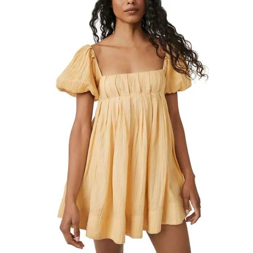 Free People Marina Mini Dress Women XS Yellow Puff Sleeve Open Back OB1379781